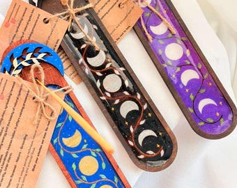 Hand Painted Wooden Moon Phase Incense Holder, Resin Tray, Spiritual Altar Decor