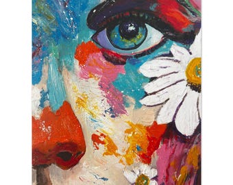 Abstract Face Daisy Eye Portrait Fine Art Print - Modern Floral Face Wall Decor - Unique Acrylic Painting Style Poster
