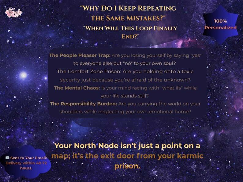 K&ouml;nnte beinhalten: Digitalgrafik mit Sternenhimmel-Hintergrund. Der Text enth&auml;lt Fragen zum Wiederholen von Fehlern und eine personalisierte Nachricht. Ein blauer Stern sagt "100% Personalisiert".