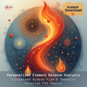 Peut inclure: Illustration numérique d'un symbole yin-yang avec un motif de flamme orange et jaune. Le fond est un dégradé bleu et sarcelle avec des éléments décoratifs. Le texte comprend "Téléchargement instantané" et "Analyse personnalisée de l'équilibre des éléments."