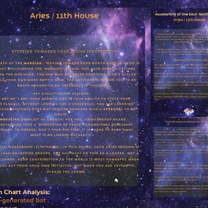 K&ouml;nnte beinhalten: Ein digitales Kunstwerk mit kosmischem Hintergrund und Text &uuml;ber den Widder im 11. Haus. Der Text behandelt Themen wie Selbstfindung, F&uuml;hrung und das Annehmen von Konflikten. Das Bild enth&auml;lt den Satz "Awakening of the Soul".