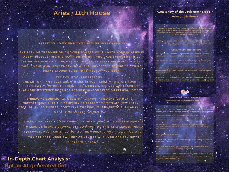 K&ouml;nnte beinhalten: Ein digitales Kunstwerk mit kosmischem Hintergrund und Text &uuml;ber den Widder im 11. Haus. Der Text behandelt Themen wie Selbstfindung, F&uuml;hrung und das Annehmen von Konflikten. Das Bild enth&auml;lt den Satz "Awakening of the Soul".