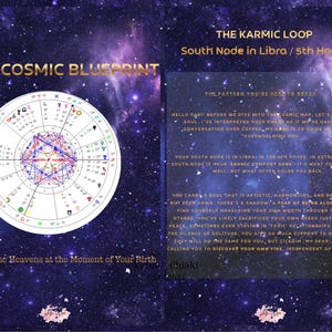 K&ouml;nnte beinhalten: Ein kosmischer Entwurf mit detailliertem astrologischen Diagramm und Text. Der Text lautet "Ihr kosmischer Entwurf" und "Der karmische Kreislauf". Der Hintergrund ist ein Sternenhimmel mit einem lila-blauen Farbschema.
