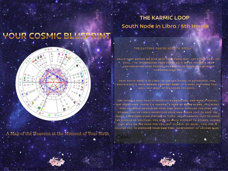 K&ouml;nnte beinhalten: Ein kosmischer Entwurf mit detailliertem astrologischen Diagramm und Text. Der Text lautet "Ihr kosmischer Entwurf" und "Der karmische Kreislauf". Der Hintergrund ist ein Sternenhimmel mit einem lila-blauen Farbschema.