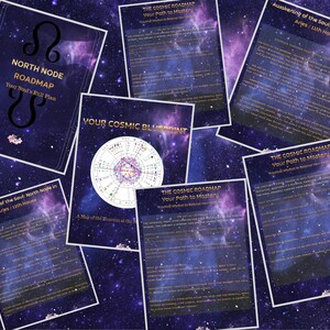 K&ouml;nnte beinhalten: Eine Sammlung von Dokumenten mit Himmelsmotiven, darunter Titel wie "North Node Roadmap" und "Your Cosmic Blueprint". Die Dokumente zeigen astrologische Symbole und Text vor einem Sternenhintergrund, was auf einen Fokus auf Astrologie und Selbstfindung hindeutet.