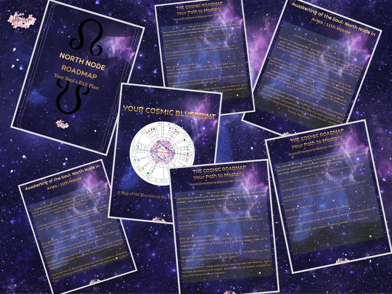 K&ouml;nnte beinhalten: Eine Sammlung von Dokumenten mit Himmelsmotiven, darunter Titel wie "North Node Roadmap" und "Your Cosmic Blueprint". Die Dokumente zeigen astrologische Symbole und Text vor einem Sternenhintergrund, was auf einen Fokus auf Astrologie und Selbstfindung hindeutet.