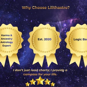 K&ouml;nnte beinhalten: Ein digitales Bild mit einem dunkelblauen Sternenhintergrund. Drei goldene Abzeichen mit Text werden angezeigt. Der Text enth&auml;lt "Karma & Ancestry Astrology Expert", "Est. 2020" und "Logic Based". Der Text "Why Choose Lilithastro?" steht oben.