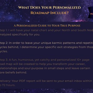 K&ouml;nnte beinhalten: Digitalgrafik mit Sternenhintergrund und Text, der lautet: "What Does Your Personalized Roadmap Include?" und "A Personalized Guide to Your True Purpose." Der Text beschreibt eine personalisierte Roadmap, einschlie&szlig;lich Horoskopanalyse und einen Bericht mit &uuml;ber 10 Seiten.