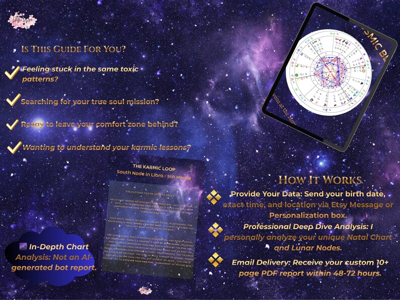 K&ouml;nnte beinhalten: Digitaler Astrologie-Ratgeber mit kosmischem Hintergrund. Text enth&auml;lt "Is This Guide For You?" und "How It Works." Ein Tablet zeigt ein Geburtshoroskop. Der Ratgeber verspricht eine detaillierte Analyse und einen personalisierten PDF-Bericht.