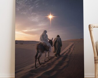 Holy Family Canvas Star Bethlehem Desert, Mary Joseph Journey, Christian Art