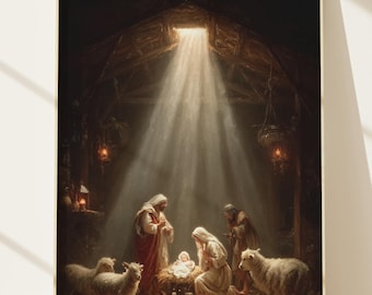 Ingelijste kerststal goddelijke lichtstralen, ready hang christmas, christelijke print