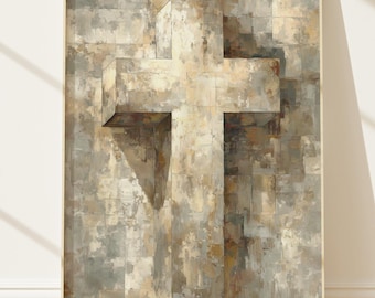 Abstracte kruiskunst mozaïek grijs, geometrisch modern, christelijke print