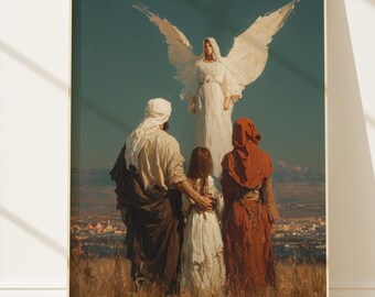 Fine Art beschermengelfamilie, museumstad, christelijke print