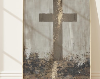 Ingelijste grunge kruiskunstprint, modern christelijk decor, klaar om op te hangen