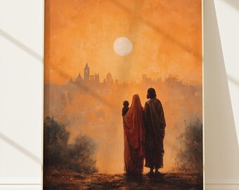 Heilige familie ingelijste zonsondergang Bethlehem, klaar hangen Mary Joseph, christelijke print