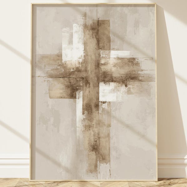 Abstract Cross Art – Modern Textured Christian Painting, Neutral Faith Decor