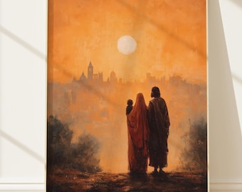 Holy Family Art Bethlehem Sunset, Mary Joseph Jesus, Christian Print