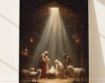 Nativity Art Divine Light Rays, Heavenly Glow Christmas, Christian Print