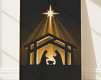 Golden Rays Nativity Print | Black Gold Geometric Holy Family