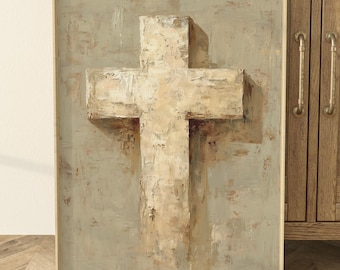 3D Cross Art Textured Neutral Beige, Sculptural Impasto, Modern Christian Print
