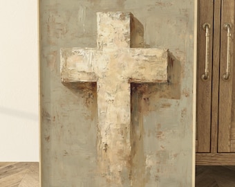 Getextureerde kruiskunst aan de muur, beige christelijk schilderij, modern geloofsdecor, religieus cadeau