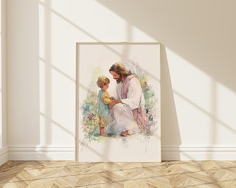 May include: Watercolor print of Jesus with a child, set in a garden. Jesus, with long brown hair and a white robe, is kneeling and looking at the child. The child is wearing a yellow shirt and blue vest. The background features colorful flowers and greenery.
