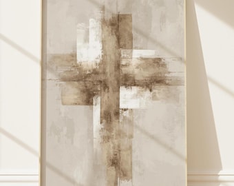 Beige getextureerde kruisprint, minimalistische christelijke muurkunst, abstract geloofsdecor