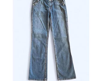 Vaqueros acampanados de tiro bajo de mezclilla azul rojiza Ecko Y2K vintage, talla 9