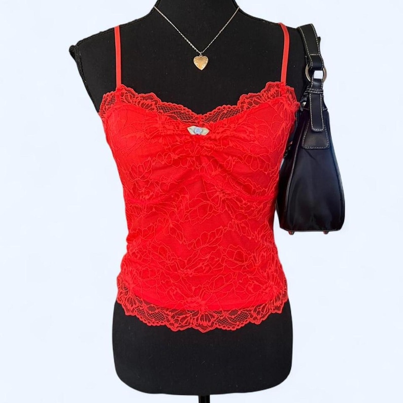 y2k coquette cherry red lace mesh free people cami tank top size small image 1