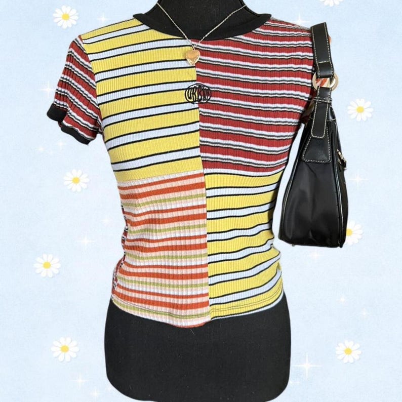 vintage y2k urban outfitters fairycore patchwork striped baby tee size small image 1
