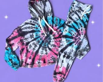 Vintage Havana tie-dye cropped hoodie en joggingbroekset, maat medium (top) en large (broek).