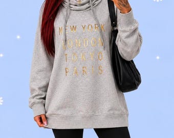 Vintage Y2K GAP grauer Hoodie New York London Tokyo Paris Minimalistisch Größe S