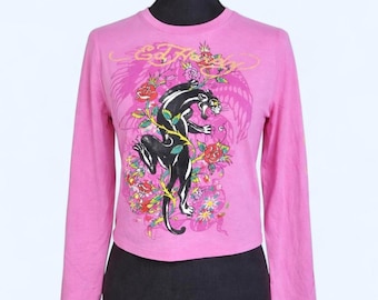 Vintage Y2K Ed Hardy Panther Graphic baby-T-shirt roze lange mouw Maat: medium