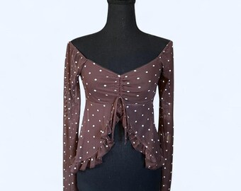 Good Days Project brown polka dot off the shoulder flare sleeve top size XS