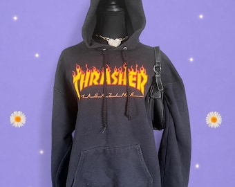 Vintage Y2K Thrasher Flame-logo skater grunge streetwear hoodie maat Large