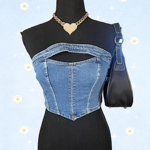 vintage y2k urban outfitters denim strapless corset tube top size xs image 1