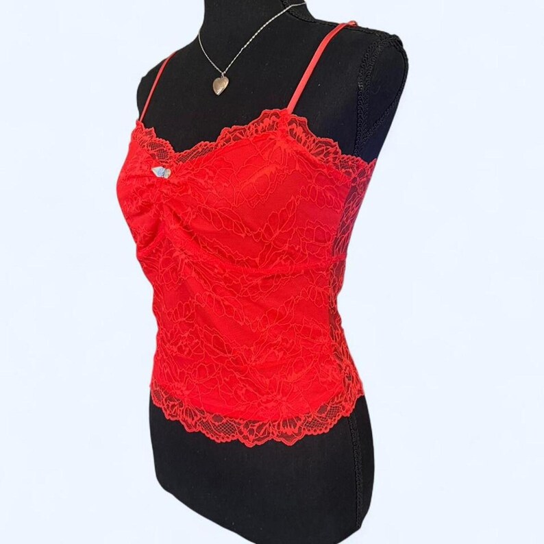 y2k coquette cherry red lace mesh free people cami tank top size small image 5