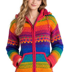 May include: A zip-up hooded jacket featuring a vibrant, multi-coloured horizontal striped pattern in shades of pink, orange, yellow, green, and blue. The knit garment includes a front zip closure, a hood with drawstrings, and two front pockets.