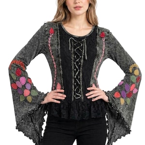 Boho Pixie top met vetersluiting, festivalblouse met acid wash-effect, patchwork tuniek met feeën-thema