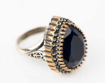 Vintage Ottoman Inspired Dark Navy Blue Crystal Ring - Hurrem Sultan- Osmanli - Size 9.5