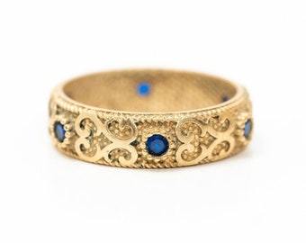 Traditional Ottoman Style Ring with Blue Crystals - Vintage Inspired, Hurrem Sultan Osmanli Style, Gold colored Ring with Gemstone Designs