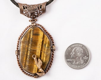 Pendentif oeil de tigre en bronze poli avec collier en cuir - Bijoux ottomans, collier ottoman, pendentif en bronze, bijoux de la Saint-Valentin