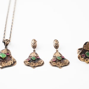 Vintage Ottoman Inspired Four Piece Jewelry Set - Ring (Size 8), Pendant and Earrings - Osmanli - Turkish - Hurrem Sultan