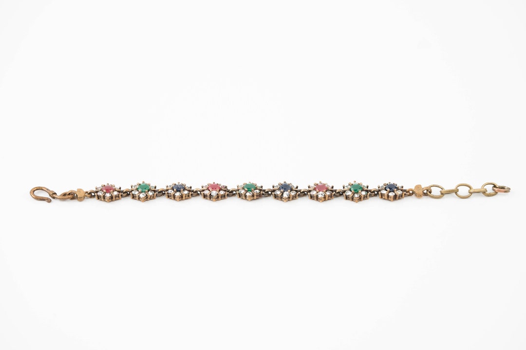 Bracelet Turc Style Hurrem Sultan — Rouge Rubis Et Topaze Blanche, Argent 925