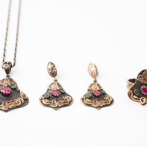Vintage Ottoman Inspired Four Piece Jewelry Set - Ring Size 8, Earrings and Pendant - Ottoman - Osmanli - Hurrem Sultan