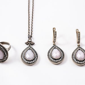 Stunning Pear Cut Rose Quartz Jewelry Set - Ottoman Inspired - Necklace, Earrings, Size 7.5 Ring