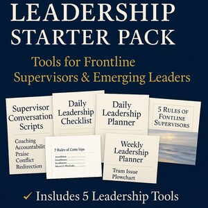 May include: A Leadership Starter Pack with tools for frontline supervisors and emerging leaders. The image shows several cards with titles like "Supervisor Conversation Scripts" and "Daily Leadership Checklist". The text also mentions "Includes 5 Leadership Tools".