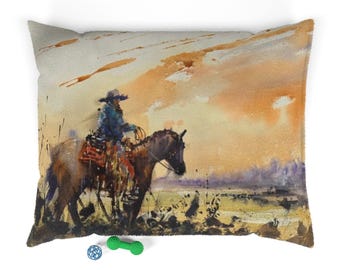Watercolor Cowboy Pet Bed: Fleece Dog Bed, Zippered Cover