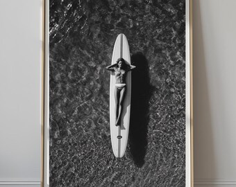Vintage Surf Photography Black and White Beach Wall Art Coastal Surfboard Girl Minimal Ocean Printable Art