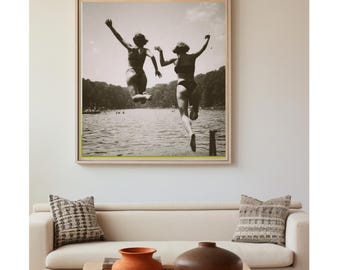 Vintage Lake Day Print, Black and White Summer Photography, Retro Swimmers Wall Art, Nostalgic Water Print, Instant Digital Download